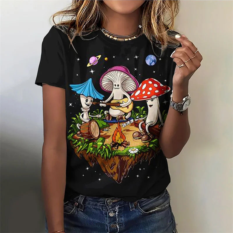 3D Printed Funny Mushroom T-Shirt For Women Plant Pattern Tees Summer