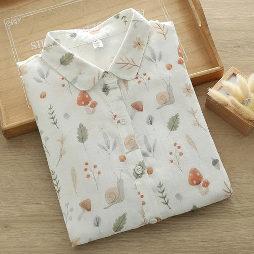 Fresh Women's Mushroom Printed Shirt 2024 New Lady Loose Cotton Long