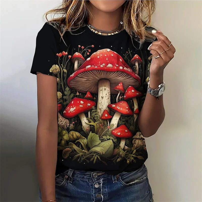 3D Printed Funny Mushroom T-Shirt For Women Plant Pattern Tees Summer