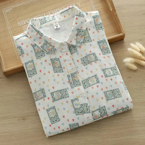 Fresh Women's Mushroom Printed Shirt 2024 New Lady Loose Cotton Long