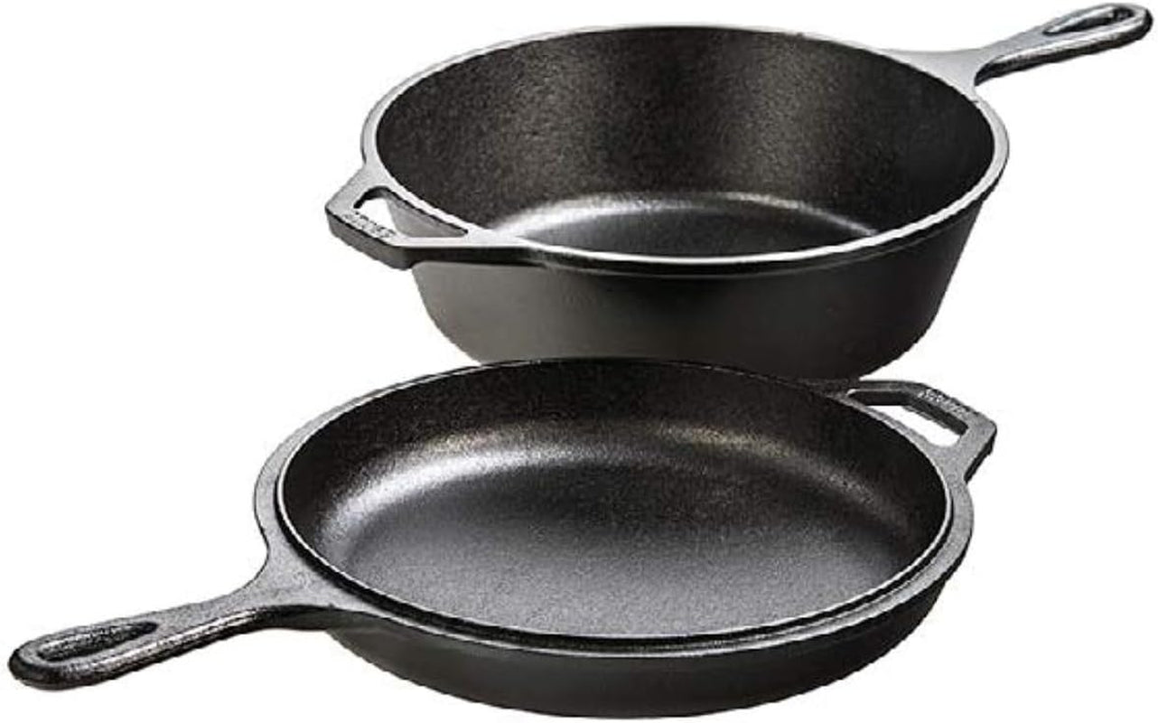 Pre-Seasoned 2-In-1 Cast Iron Combo Cooker - 3.2 Quart Deep Pot Cooker + 10.25 Inch Frying Pan - Use in the Oven, on the Stove, Grill, or over a Campfire - Use to Sear, Sauté, Broil, Fry- Black